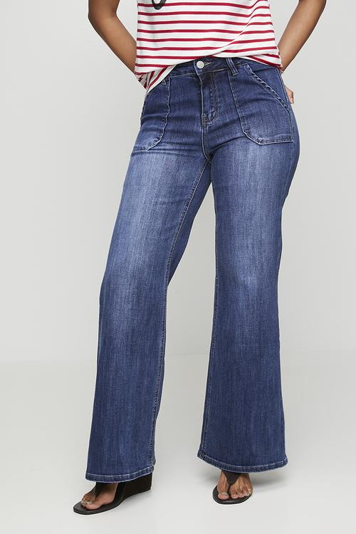 High Waist Easy Wearing Flare Leg Jean With Front Laid On Pockets - Dark Blue