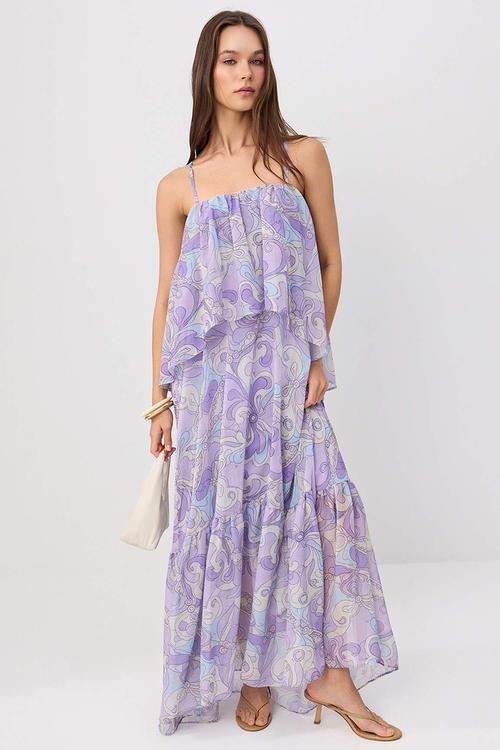 Abstract Print Lined Chiffon Midi Dress - Multicolour