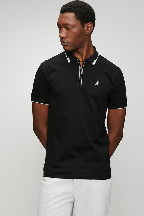 Mens plain dm tipped zip short sleeve golfer - black