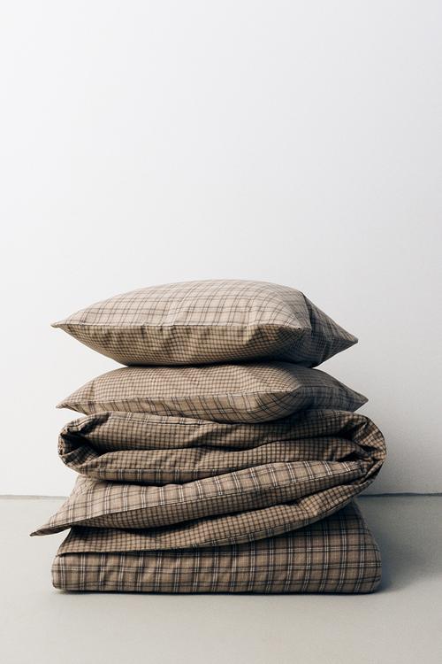 Flannel double/king duvet cover set - light mole/checked