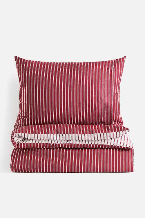 Striped cotton double/king duvet cover set - dark red/striped