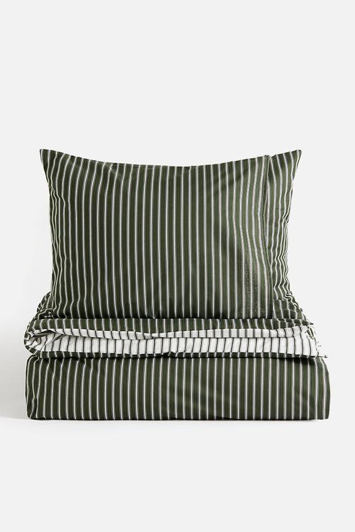 Striped cotton double/king duvet cover set - dark green/striped