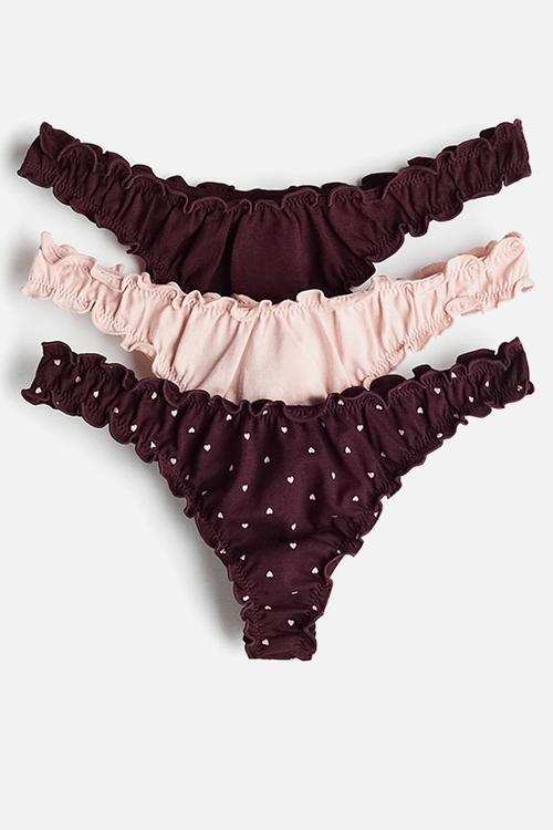 3-Pack overlock-detail thong briefs - burgundy/hearts