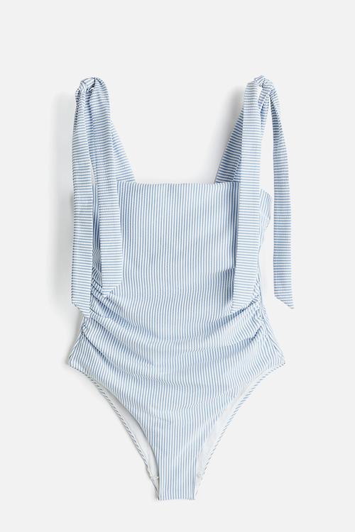 Padded-cup tie-strap swimsuit - light blue/striped