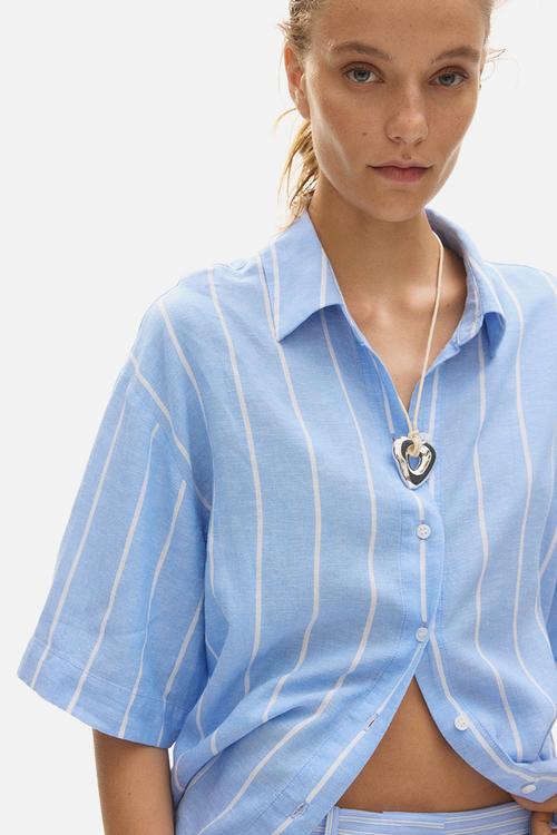 Oversized linen-blend shirt - light blue/striped