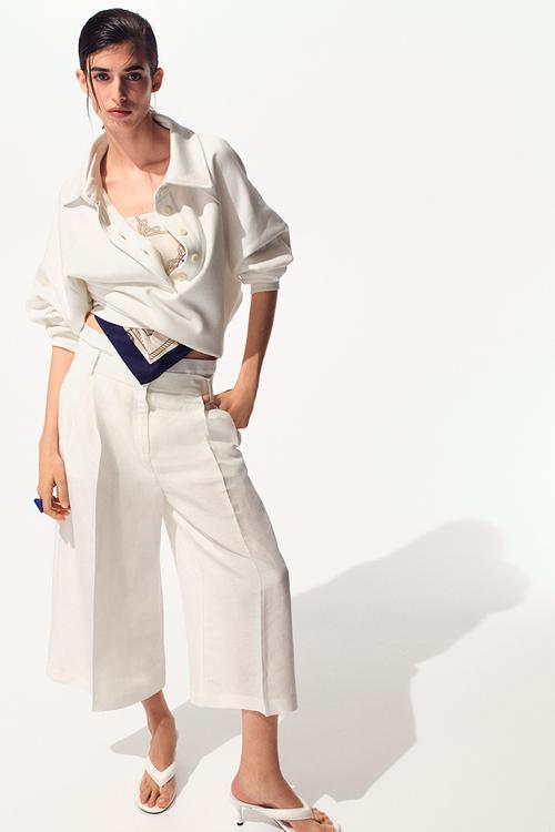 Wide linen-blend culottes - ivory