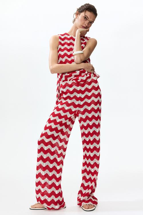 Crochet-look jacquard jersey trousers - white/red striped