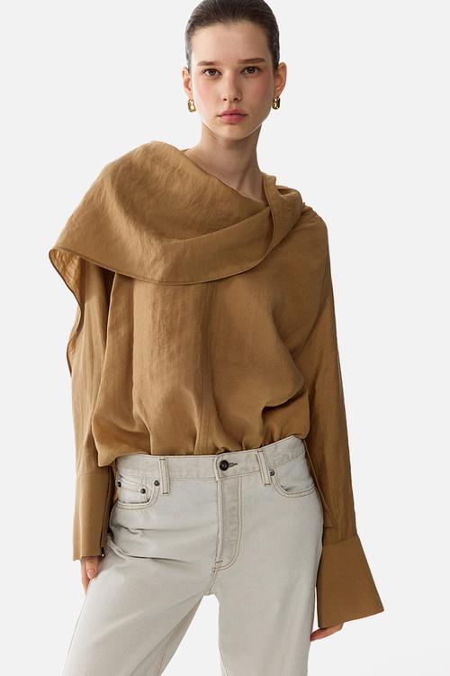 Scarf-collar blouse - dark beige