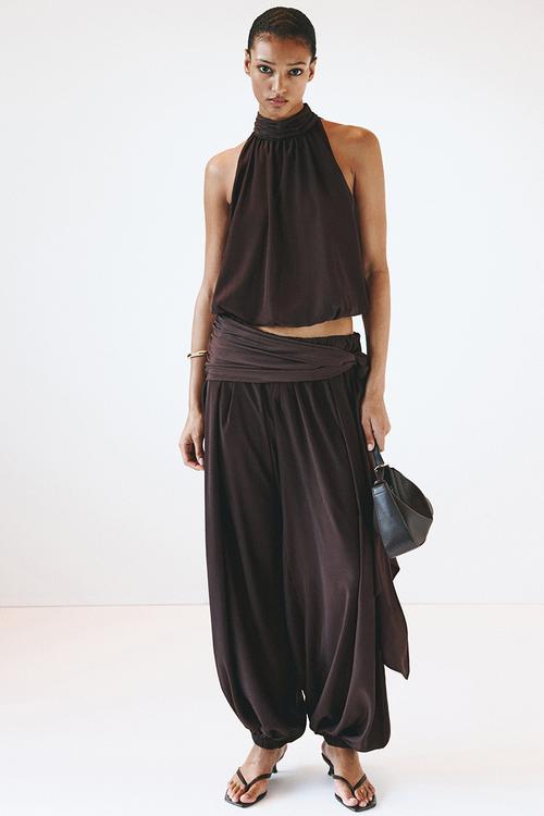 Bubble-hem halterneck top - dark brown