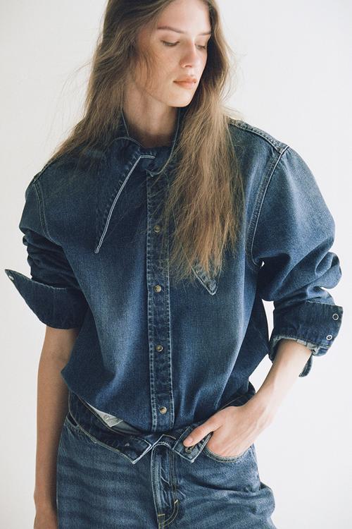 Bow-collar denim shirt - denim blue