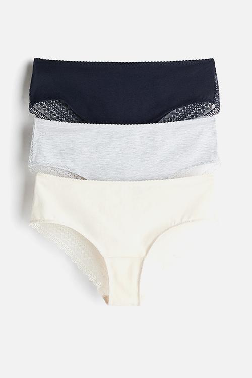 3-pack cotton and lace hipster briefs - navy blue/cream