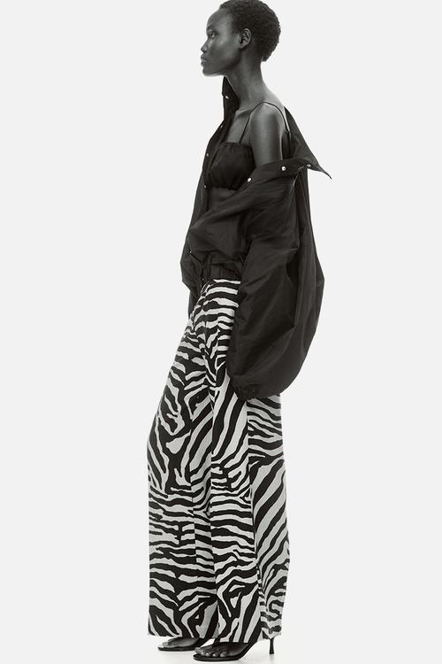 Flared linen-blend trousers - light beige/zebra print