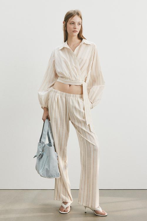Wide linen-blend trousers - white/striped