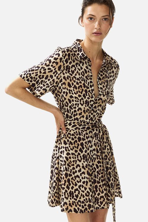 Tie-belt shirt dress - beige/leopard print
