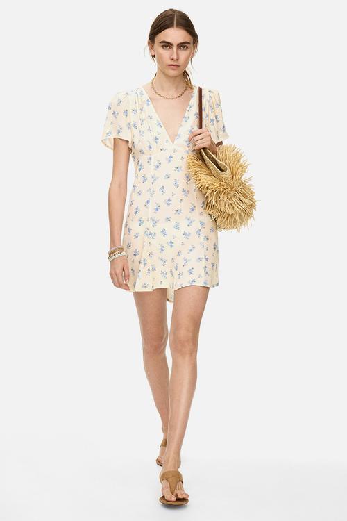 Flared-skirt viscose dress - light yellow/floral