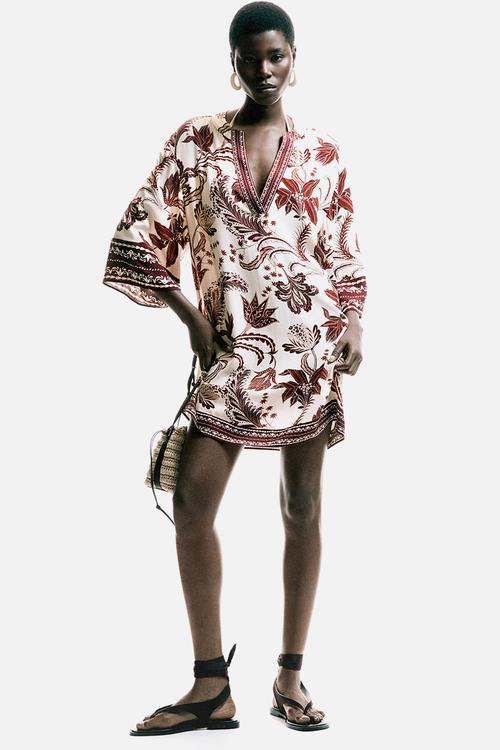 Viscose tunic dress - light beige/patterned
