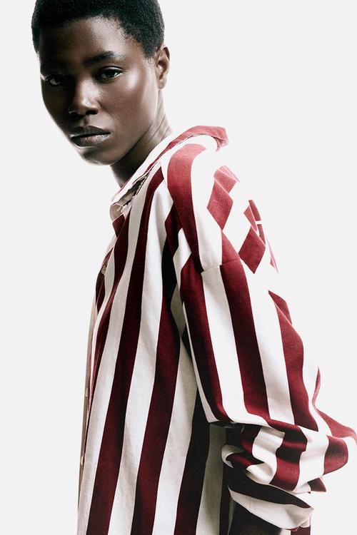 Oversized linen-blend shirt - dark red/striped