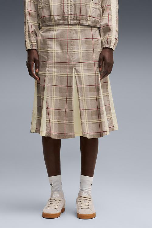T7 Pleated Tartan Woven Midi Skirt - Mouse Gray