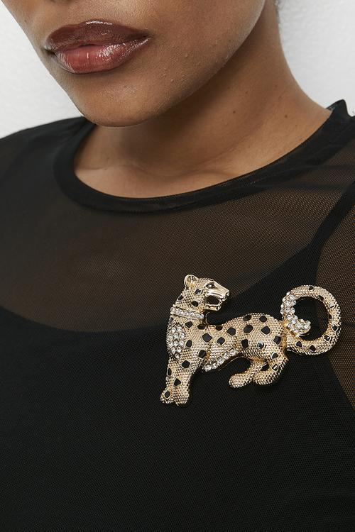 Kara Crystal Embellished Leopard Brooch - Gold