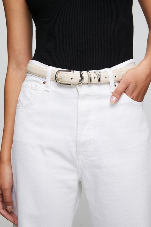 Lilac Slim Belt With Stackled Silver Belt Keepers - Beige