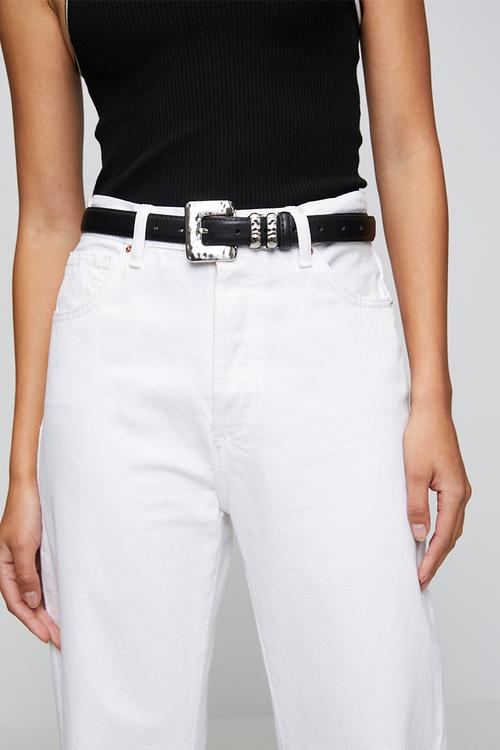 Lillian Silver Textured Square Buckle Slim Belt - Black