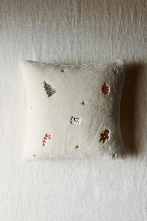 Embroidered cushion cover - cream/christmas