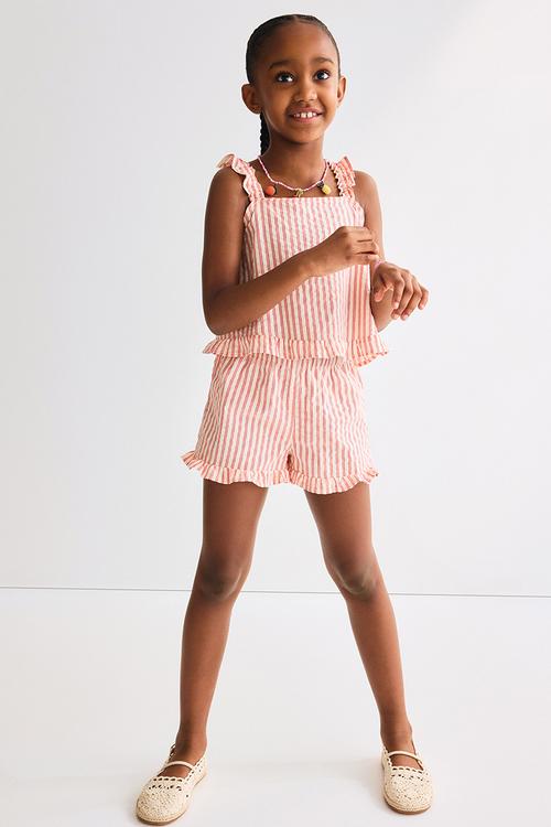 2-piece frill-trimmed cotton set - red/beige striped