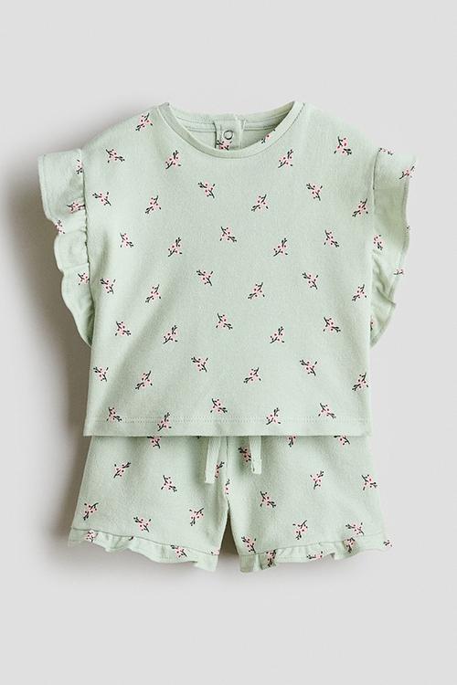 2-piece patterned cotton set - light green/flowers