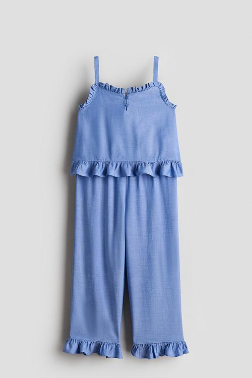 2-piece frill-trimmed seersucker set - blue