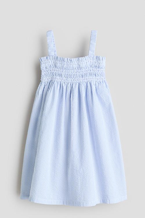 Smocked strappy dress - white/blue striped