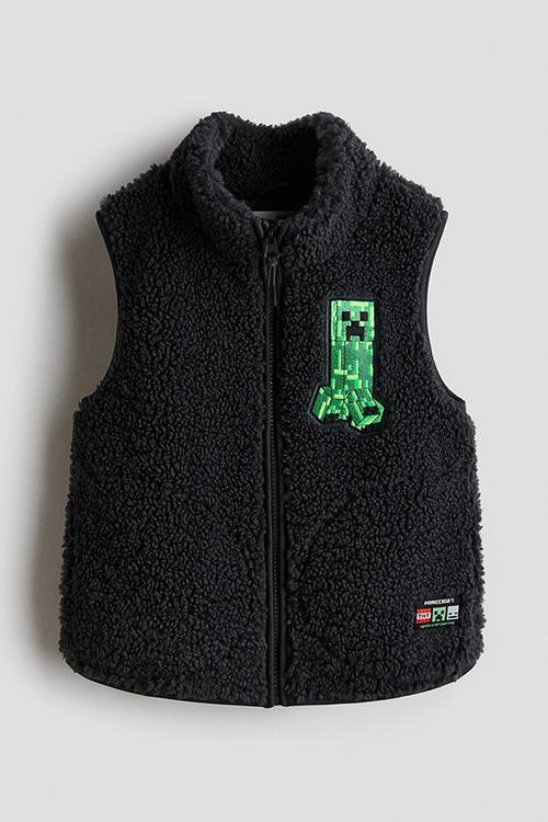 Motif-detail teddy gilet - black/minecraft
