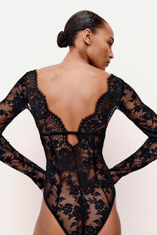 Long-sleeved lace thong body - black