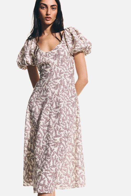 Balloon-sleeved dress - cream/patterned