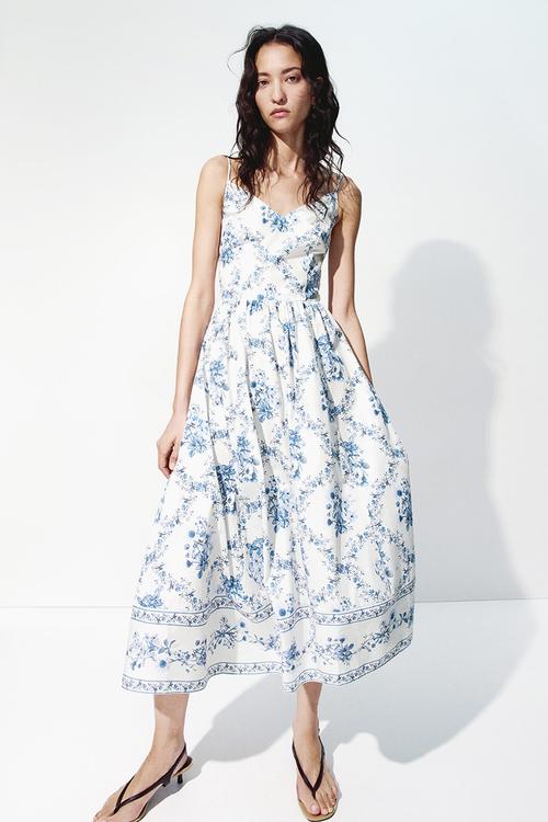 Flared-skirt strappy dress - white/blue floral