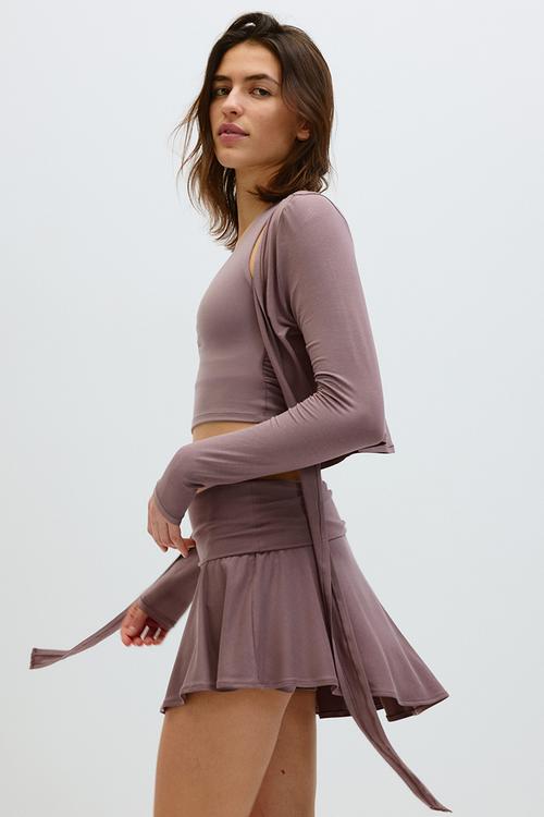 Foldover-waist asymmetric yoga skirt - dusty mauve