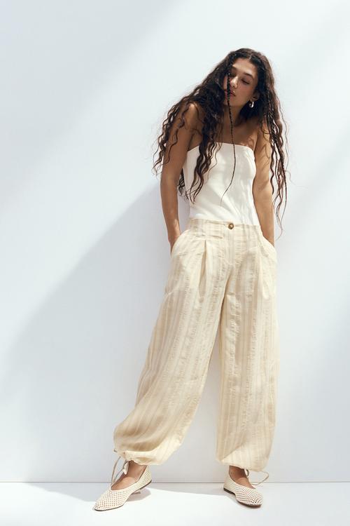 Drawstring-detail balloon trousers - light beige/striped