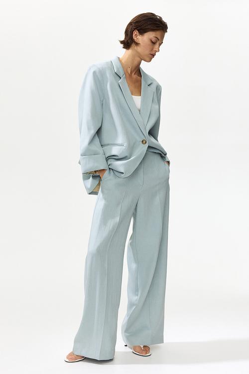 Wide linen-blend trousers - dusty turquoise