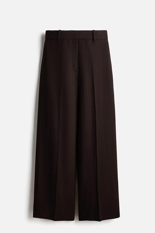 Wide linen-blend trousers - dark brown