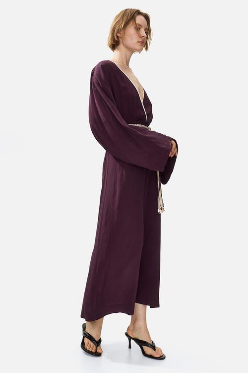 Belted viscose dress - dark plum purple