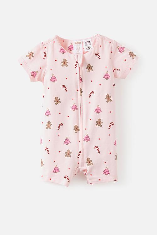 Growie Short Sleeve Zip Romper - Tea Party Pink/Christmas Gingerbread