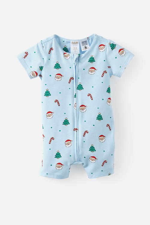 Growie Short Sleeve Zip Romper - Blue Whisper/Christmas Santa