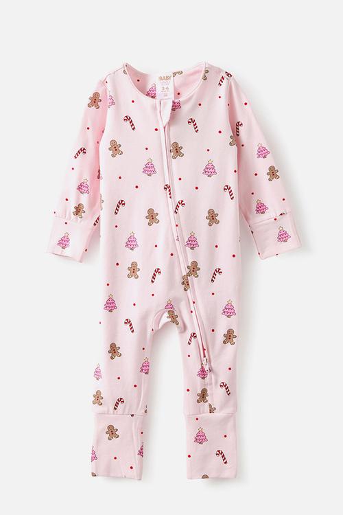 Growie Long Sleeve Zip Romper - Tea Party Pink/Christmas Gingerbread