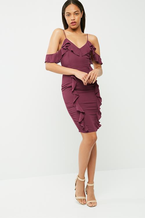 Crepe frill cold shoulder midi dress