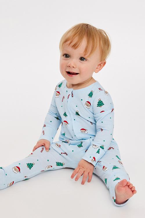 Growie Long Sleeve Zip Romper - Blue Whisper/Christmas Santa