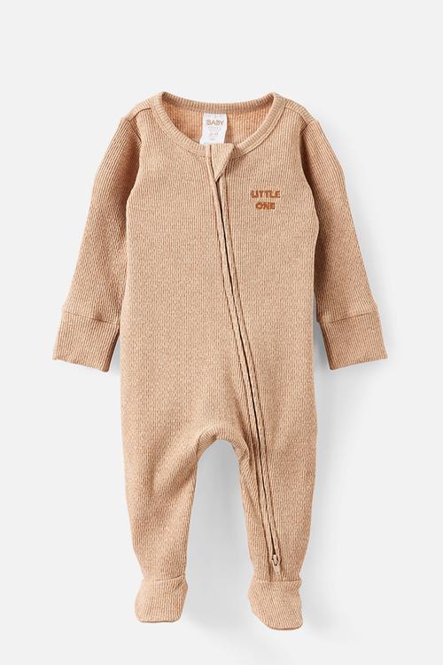Littlie Organic Long Sleeve Zip Romper - Caramel Fudge Marle/Little One