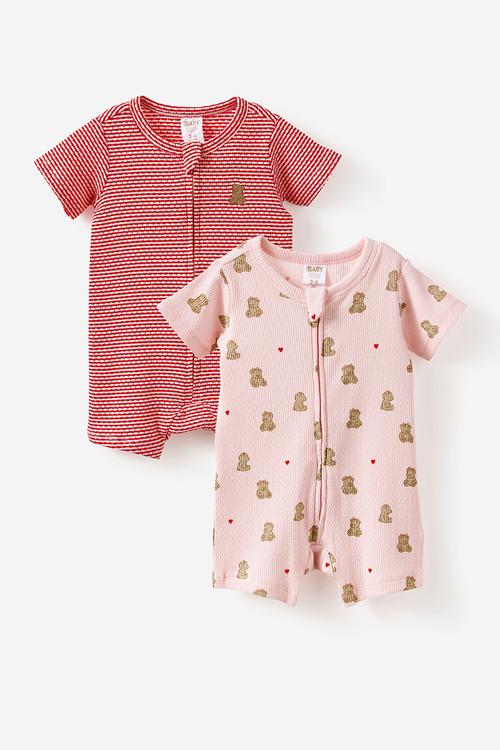2 Pack Littlie Organic Short Sleeve Zip Romper - Pop Pink Bear Heart & Varsity Red Bear Stripe