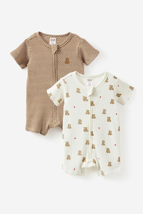2 Pack Littlie Organic Short Sleeve Zip Romper - Milk Bear Star & Caramel Fudge Bear Stripe