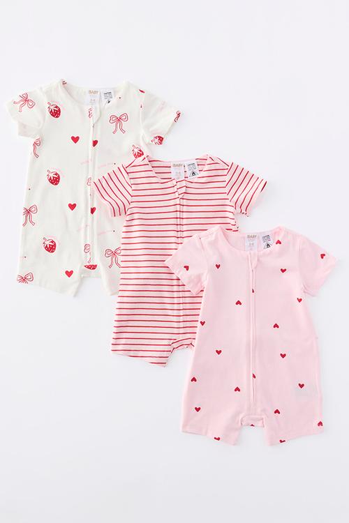 The 3Pk Short Sleeve Zip Romper - Vanilla-Tea Party Pink/Sweetheart