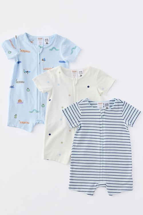 The 3Pk Short Sleeve Zip Romper - Blue Whisper/Garden Bugs