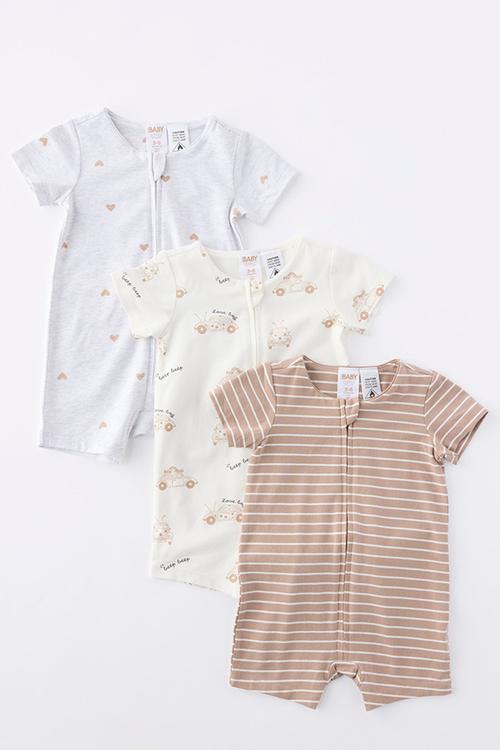 The 3Pk Short Sleeve Zip Romper - Vanilla-Oatmilk/Love Bug